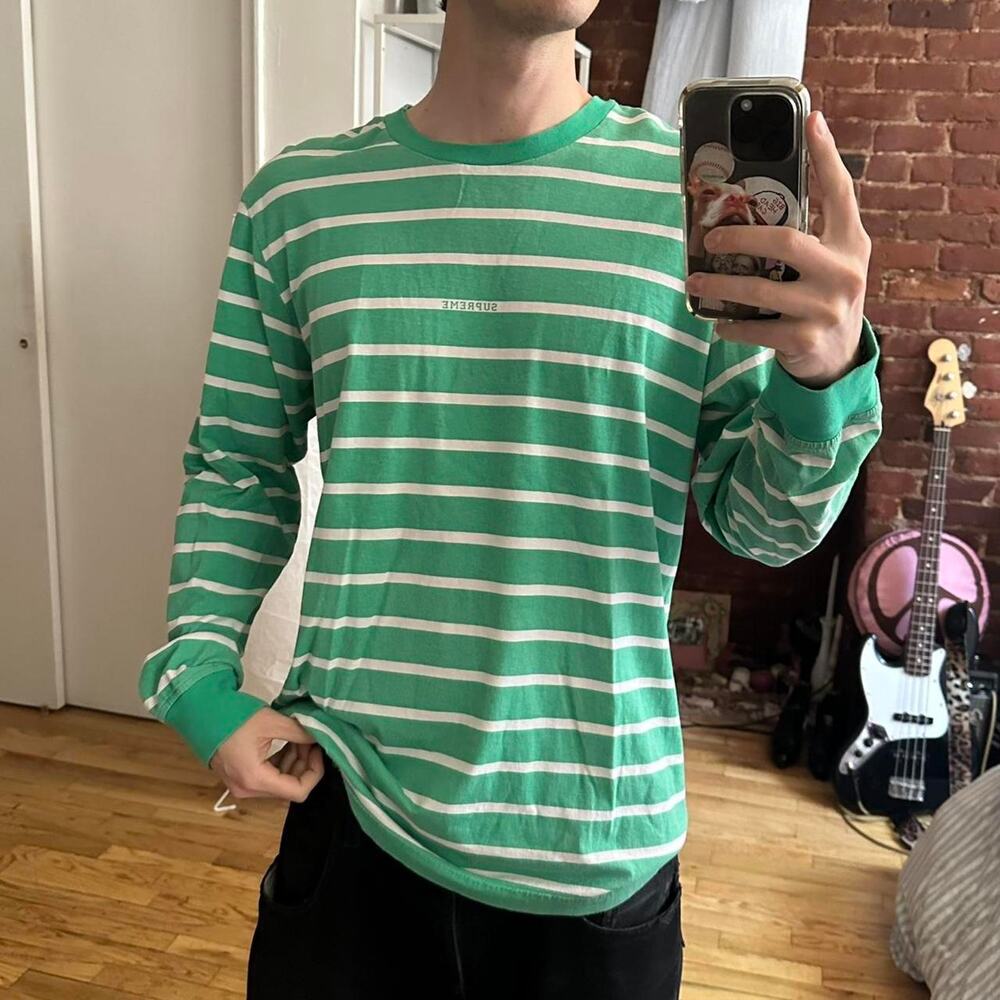 Supreme Green Striped Logo Spellout Basic Longsle… - image 1